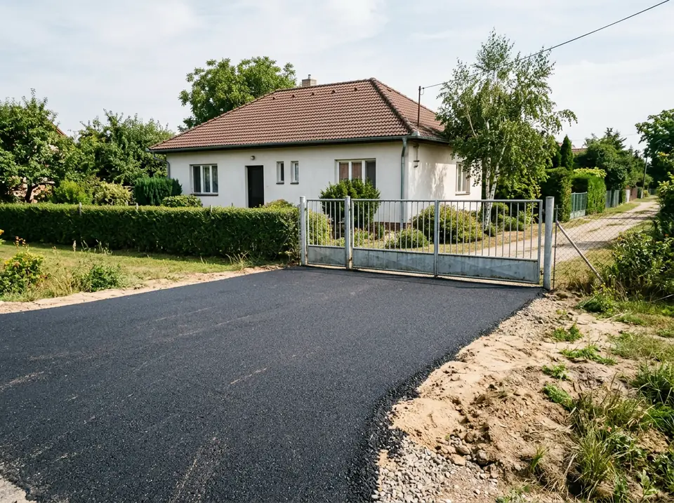 Friss aszfaltburkolat egy földszintes családi ház előtt, kerítéssel